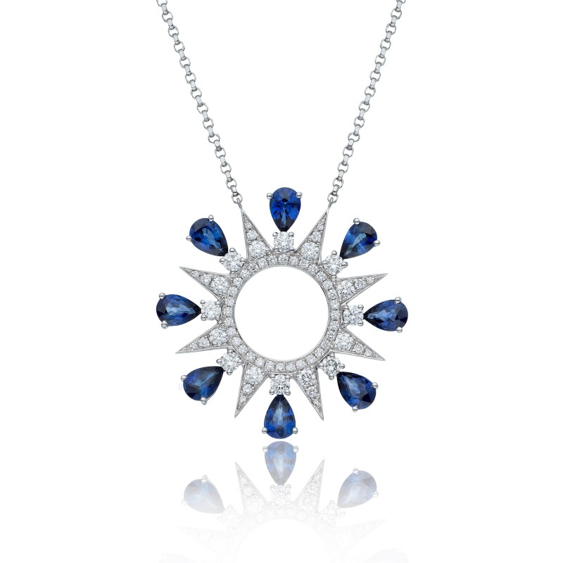 18ct White Gold Pear Cut Sapphire Diamond 4.85ct Celestial Style Pendant 1