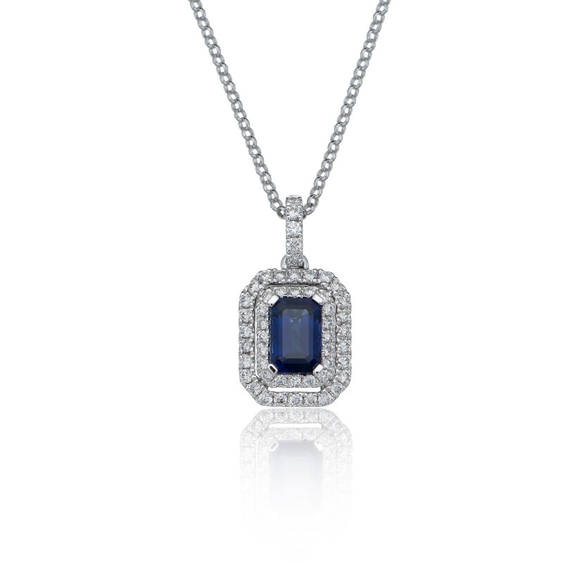 18ct White Gold Emerald Cut Sapphire 1.03ct Diamond Double Halo Pendant
