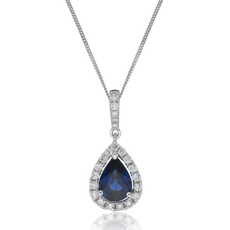 18ct White Gold Pear Cut 0.90ct Sapphire And 0.24ct Diamond Halo Pendant