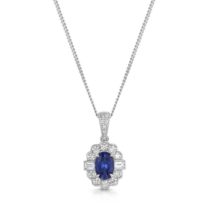 18ct White Gold 1.47ct Oval Cut Blue Sapphire & 2.04ct Mixed Cut Diamond Halo Pendant