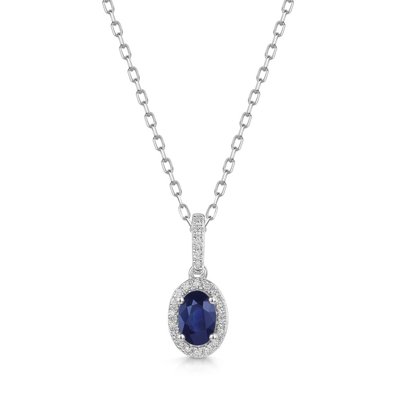 18ct White Gold Oval Cut Blue Sapphire with Diamond Halo 0.70ct Pendant