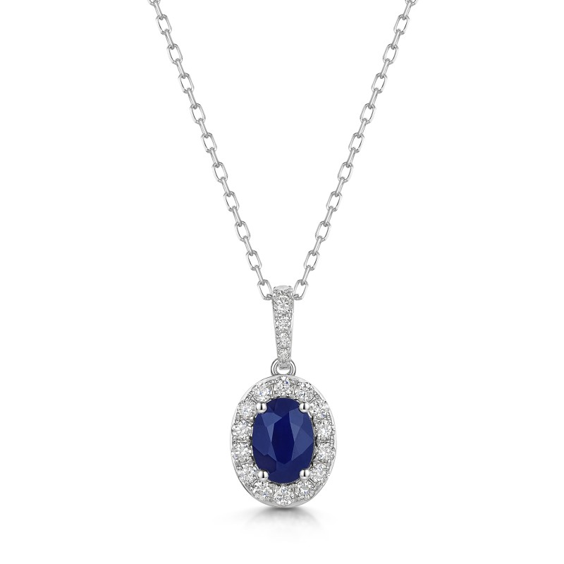 18ct White Gold Oval Cut Blue Sapphire 1.00ct with Diamond Halo Pendant