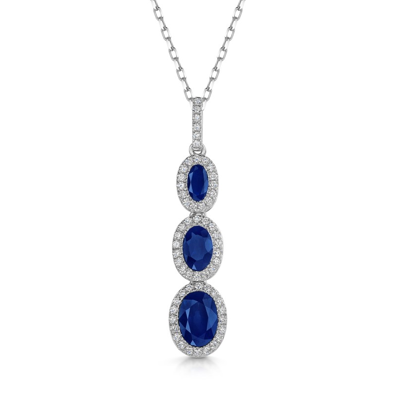 18ct White Gold Oval Cut 1.80ct Blue Sapphire and 0.20ct Diamond Halo Drop Pendant