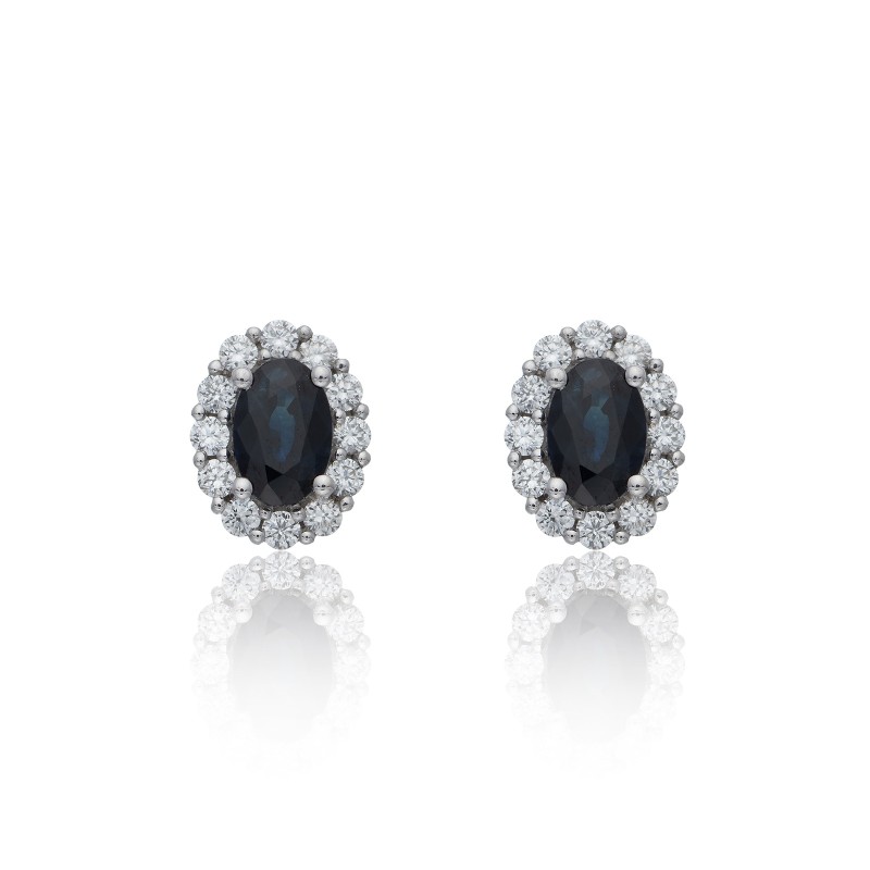 18ct White Gold Oval Cut Sapphire 1.61ct Diamond Halo Stud Earrings