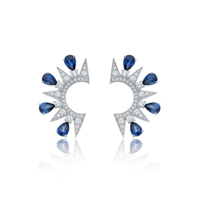 18ct White Gold Pear Cut Sapphire and Brilliant Cut Diamond 5.07ct Celestial Style Earrings 1