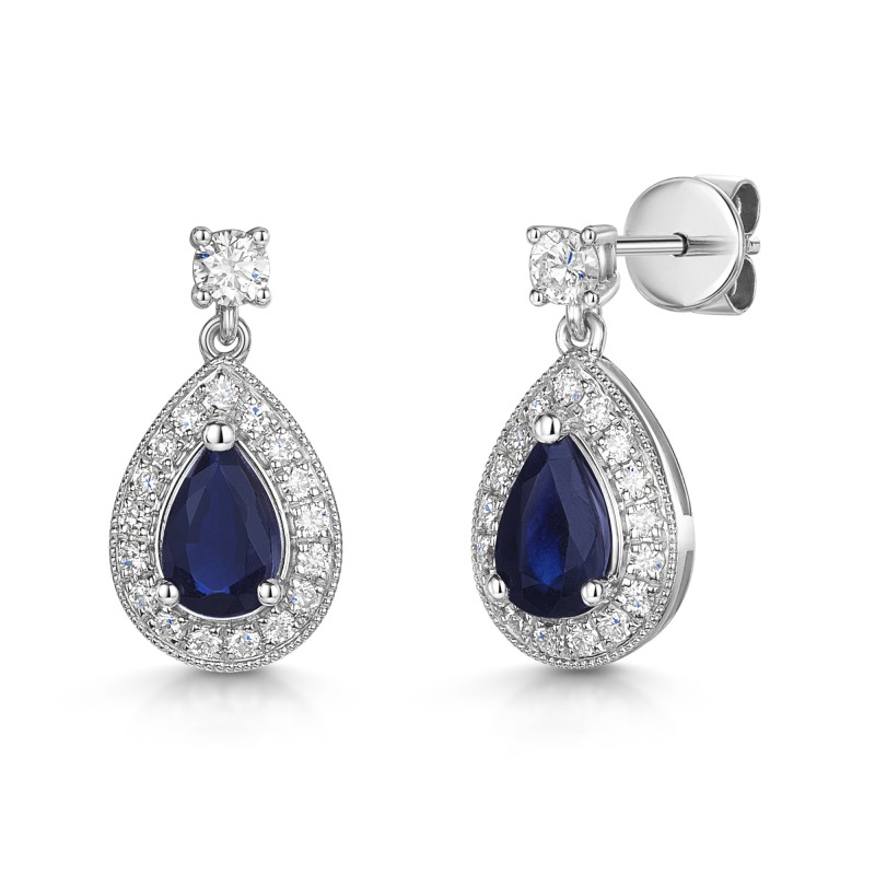 18ct White Gold Pear Cut Blue Sapphire 1.00ct with Diamond Halo Drop Earrings
