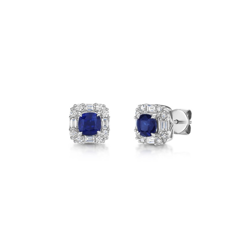 18ct White Gold Cushion Cut Sapphire with Diamond Halo Earrings 1.10ct