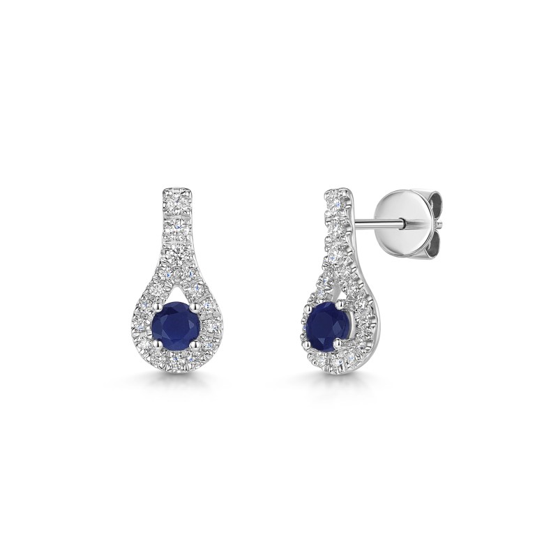 18ct White Gold Round Brilliant Blue Sapphire 0.30ct and Diamond Tear Drop Earrings