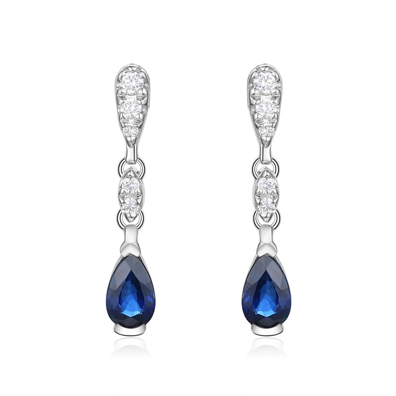 18ct White Gold Pear Cut Sapphire and Diamond Drop Earrings