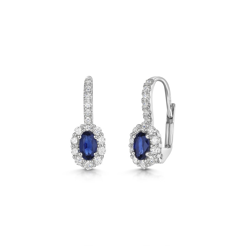 18ct White Gold Round Brilliant 1.05ct Blue Sapphire Diamond Halo Drop Earrings 