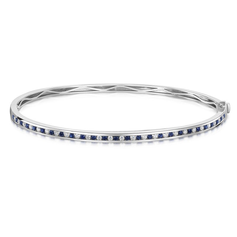 18ct White Gold Round Brilliant Blue Sapphire 0.50ct and Diamond Bangle