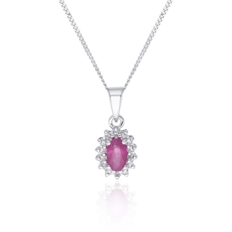 9ct White Gold Oval Ruby and Diamond Halo Pendant
