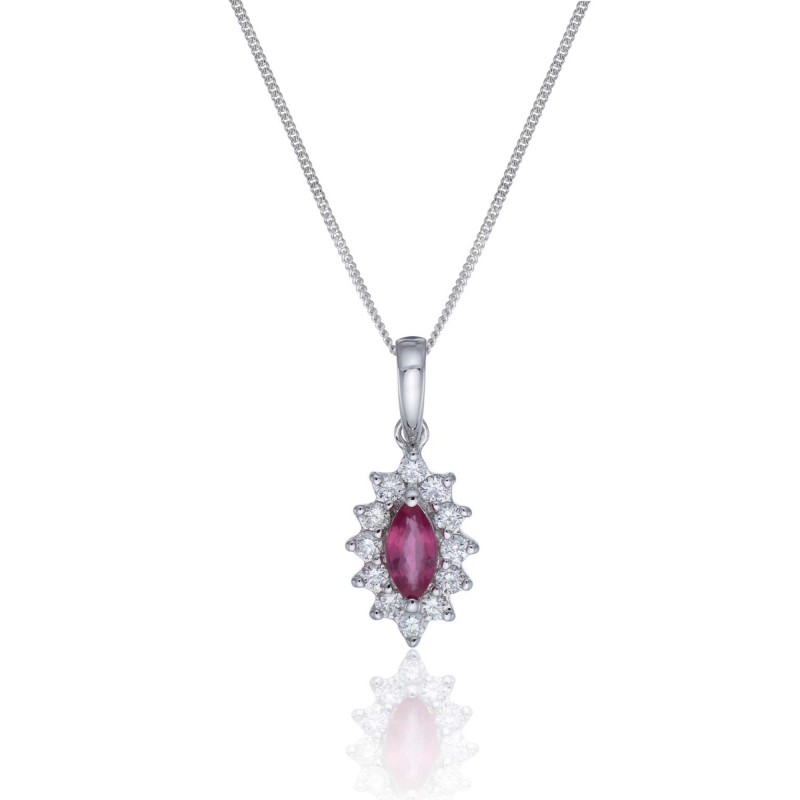 9ct White Oval Gold Ruby and Diamond Halo Pendant 