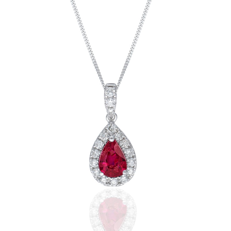 9ct White Gold Pear Cut Ruby and Diamond Halo Pendant