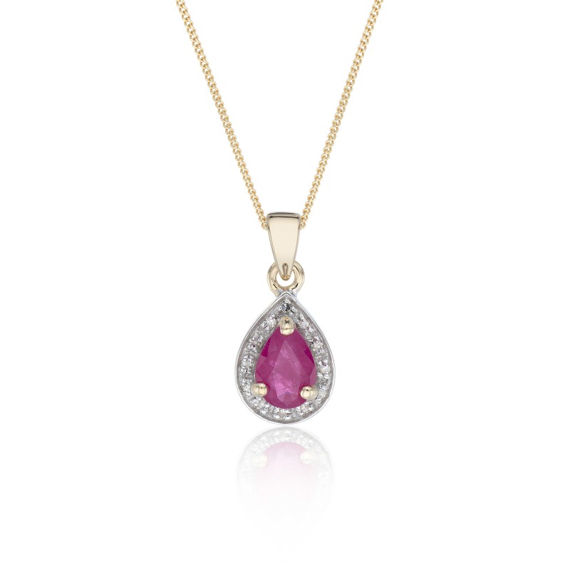 9ct Yellow Gold Pear Cut Ruby and Diamond Halo Pendant