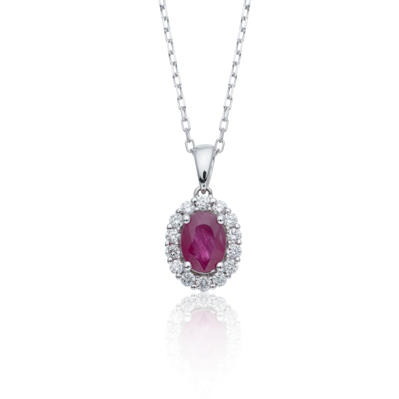 18ct white gold 0.95ct ruby oval and diamond 0.31ct halo pendant