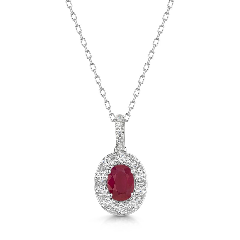18ct White Gold Oval Cut Ruby 0.80ct with Diamond Halo Pendant