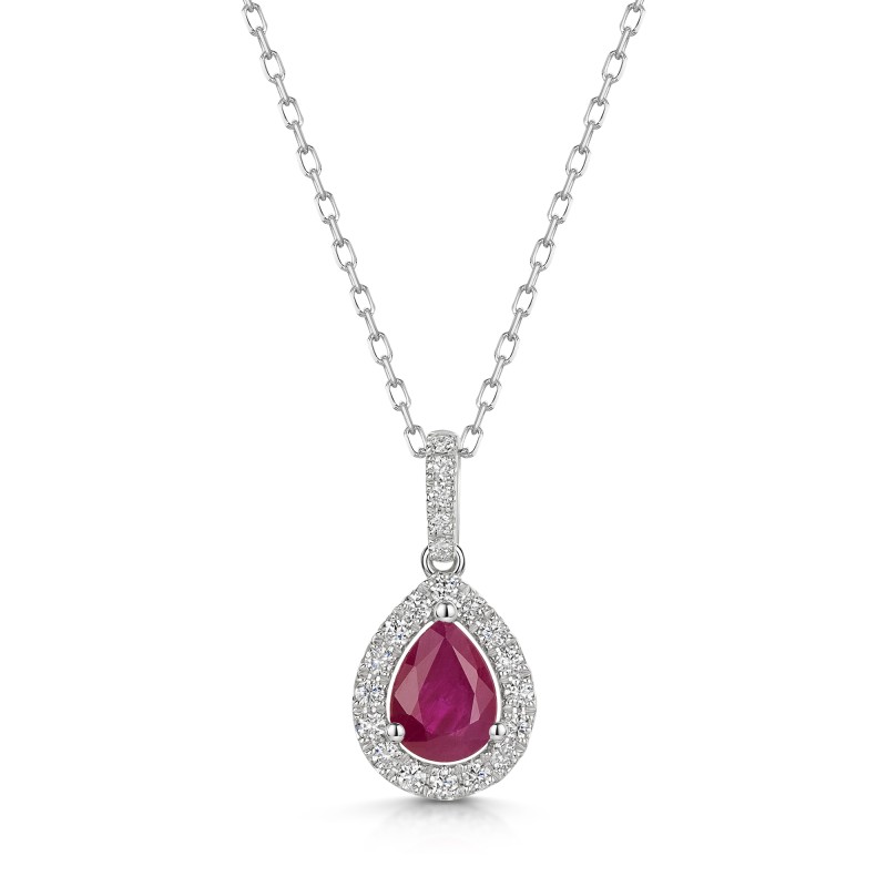 18ct White Gold Pear Cut Ruby 0.80ct with Diamond Halo Pendant