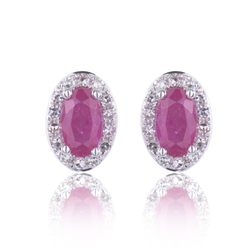 9ct White Gold Oval Cut 0.70ct Ruby and 0.10ct Diamond Earrings