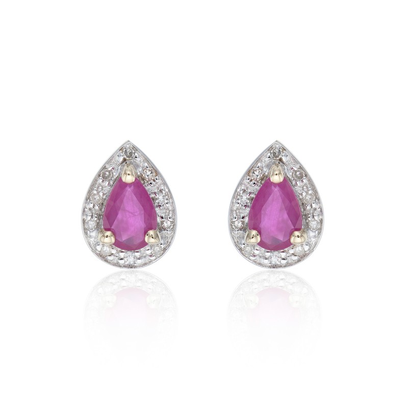 9ct Yellow Gold Pear Cut Ruby and Diamond Halo Stud Earrings
