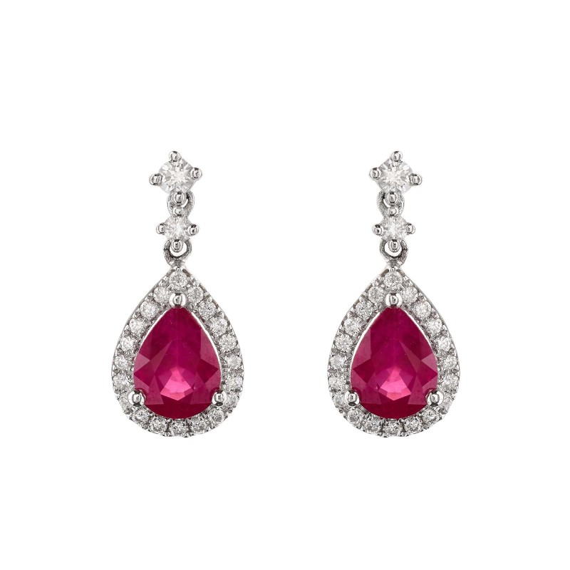 18ct White Gold Ruby and Diamond Halo Drop Earrings