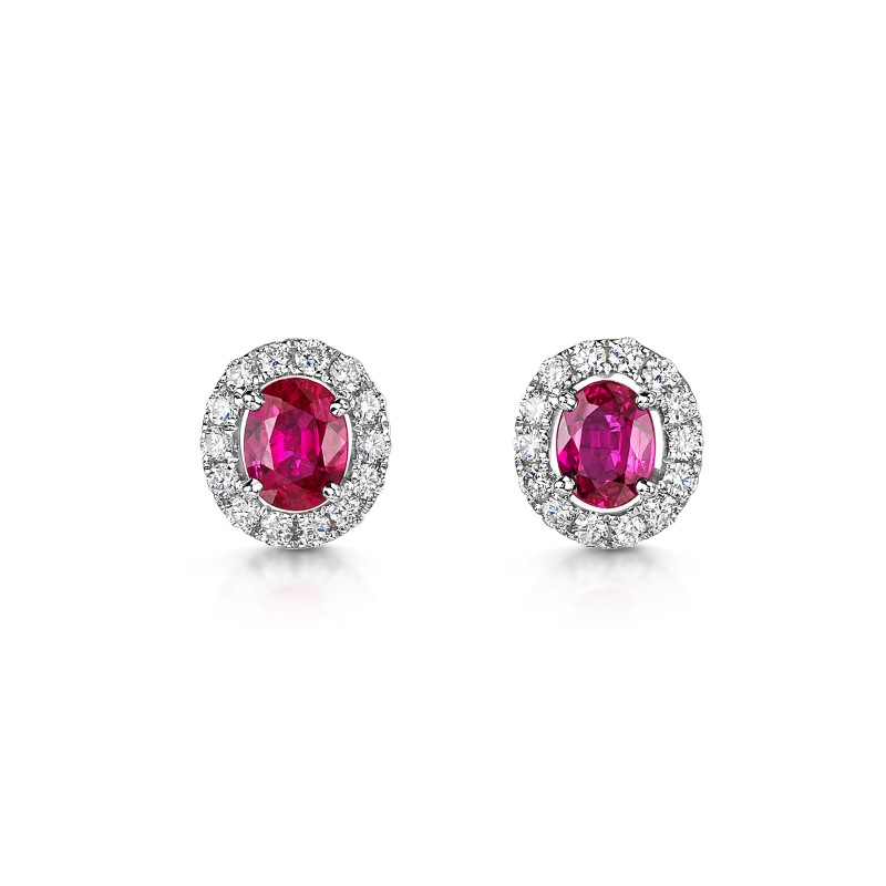 18ct White Gold Oval Ruby and Diamond Halo Earrings