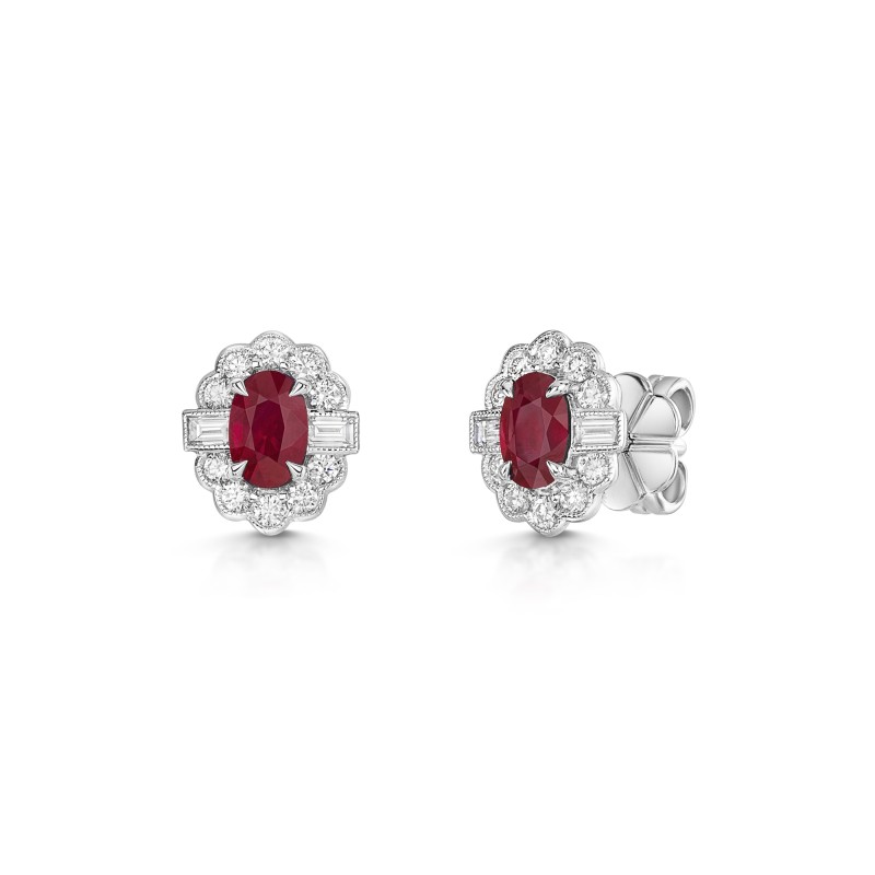18ct White Gold 1.47ct Oval Cut Ruby & Mixed Cut Diamond Halo Earrings