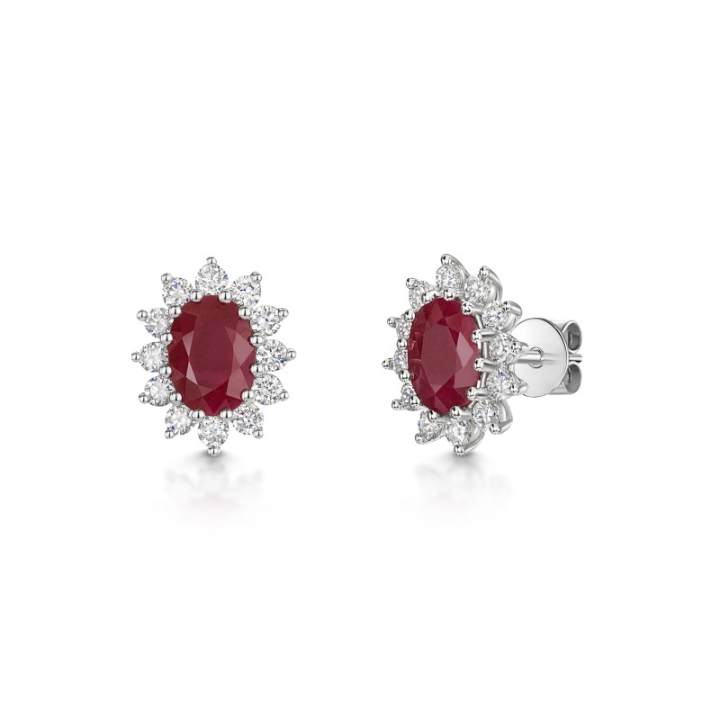 18ct White Gold Oval 1.66ct Ruby and 0.62ct Diamond Stud Earrings