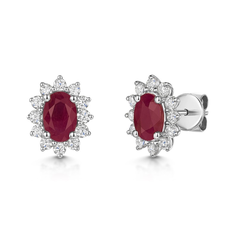 18ct White Gold Oval Cut Ruby 1.00ct with Diamond Halo Stud Earrings