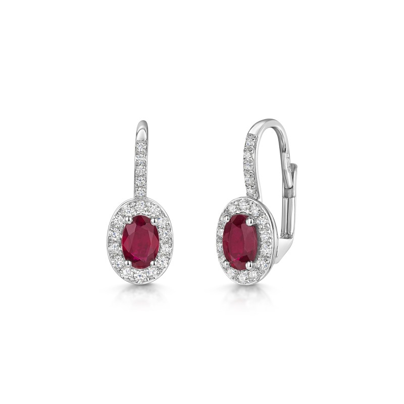 18ct White Gold Oval Cut Ruby with Diamond Halo Drop Earrings 1.45ct