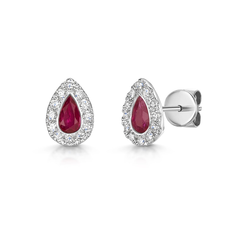 18ct White Gold Pear Cut Ruby 0.55ct and Diamond Halo Earrings