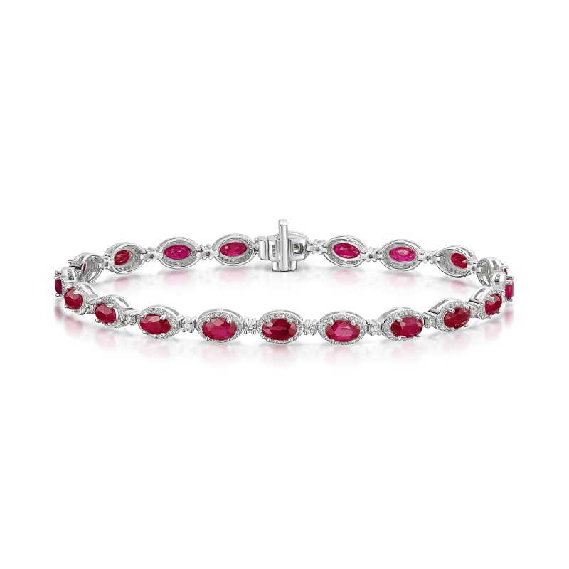 9ct White Gold 5.40ct Oval Cut Ruby and 1.00ct Diamond Cluster Bracelet