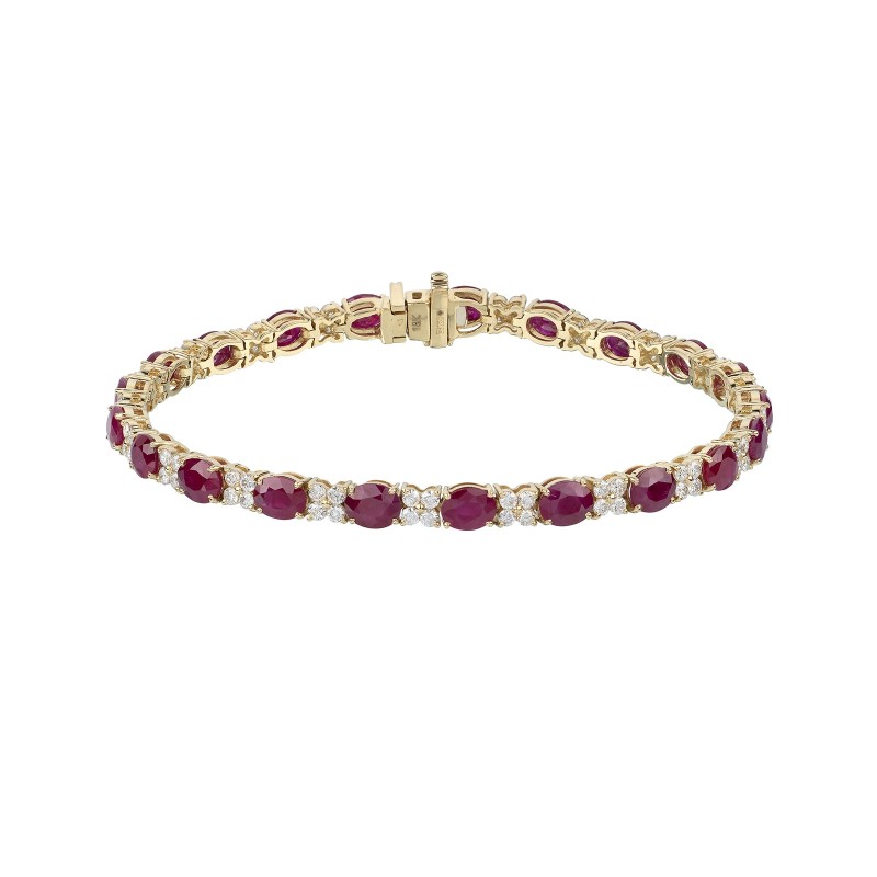 18ct Yellow Gold Oval Cut Ruby 13.90ct Diamond Cluster Bracelet
