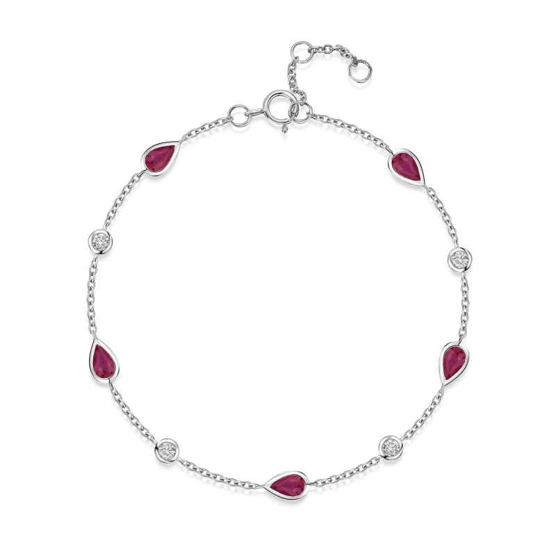 18ct White Gold Pear Cut Ruby 1.35ct and Diamond Bezel Set Bracelet