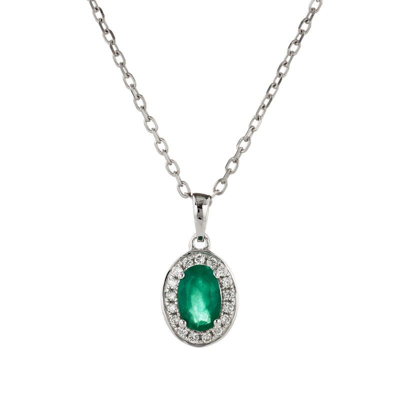 9ct White Gold Oval Cut Emerald 0.08ct Diamond Halo Pendant