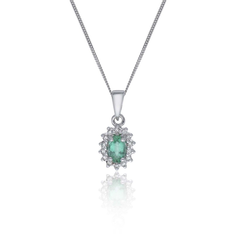 9ct White Gold 0.06ct Diamond and Emerald Halo Pendant