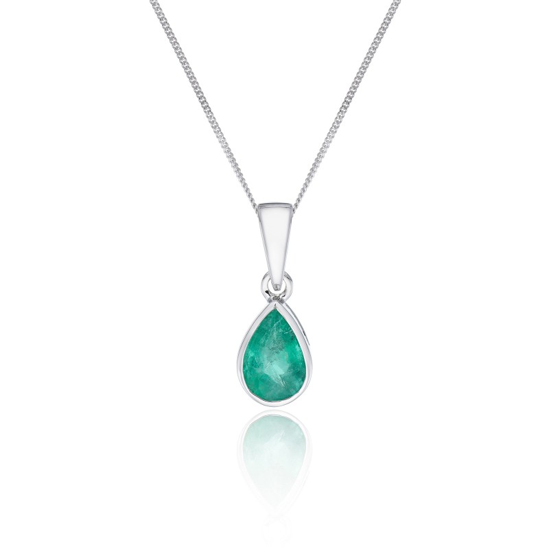 9ct White Gold Pear Emerald Rub Over Pendant
