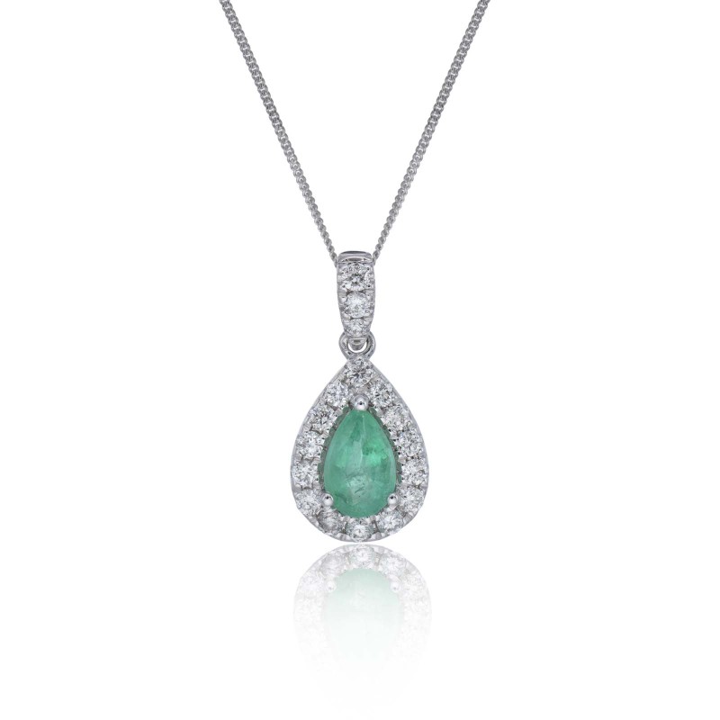 9ct White Gold 0.50ct Pear Cut Emerald and 0.19ct Diamond Halo Pendant
