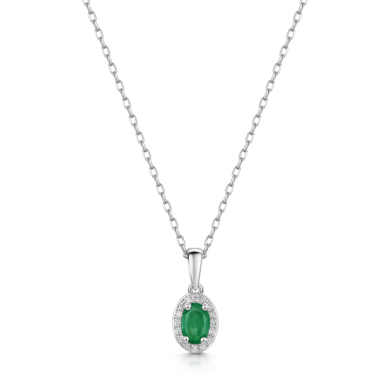 9ct White Gold Oval Cut Emerald 0.40ct and Diamond 0.08ct Halo Pendant
