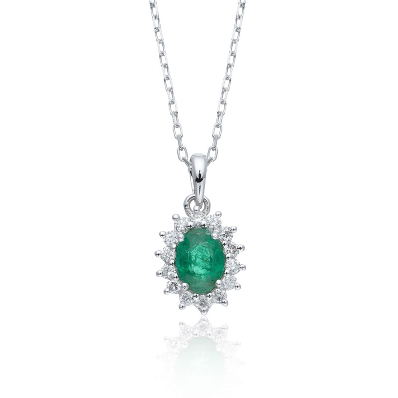 18ct White Gold Oval Cut 0.85ct Emerald and Diamond Halo Pendant
