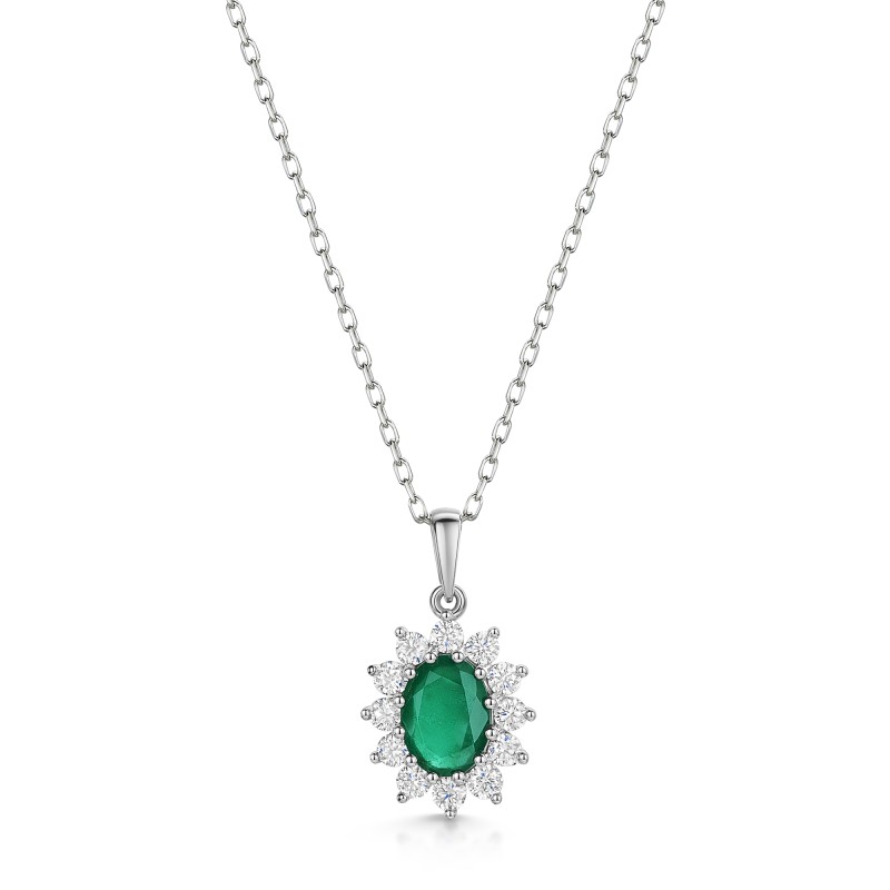18ct White Gold Oval 1.13ct Emerald and 0.47ct Diamond Pendant