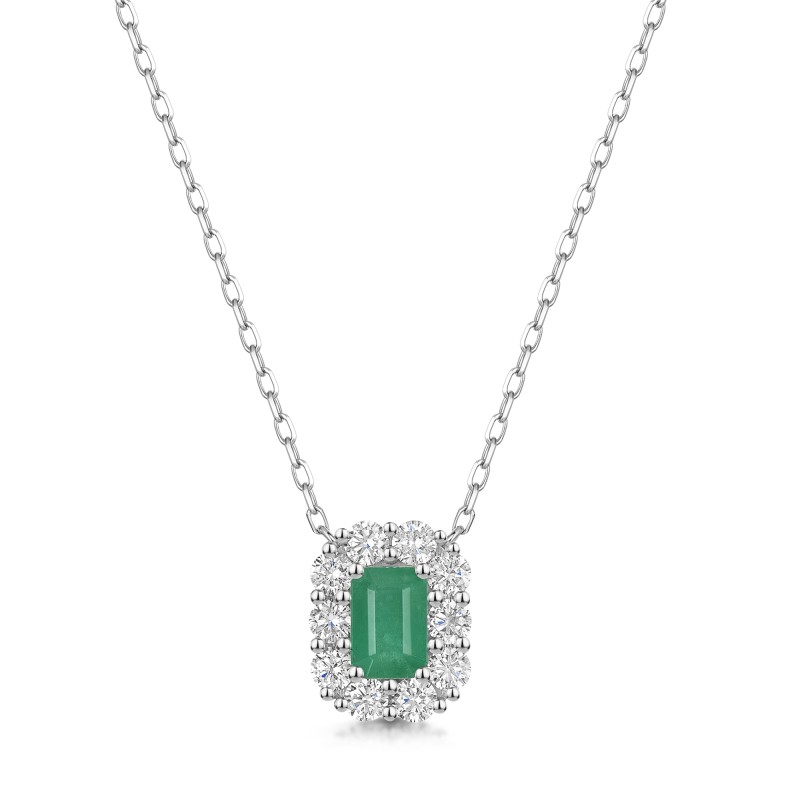 18ct White Gold Octagonal Cut Emerald with Diamond Halo 1.15ct Necklet
