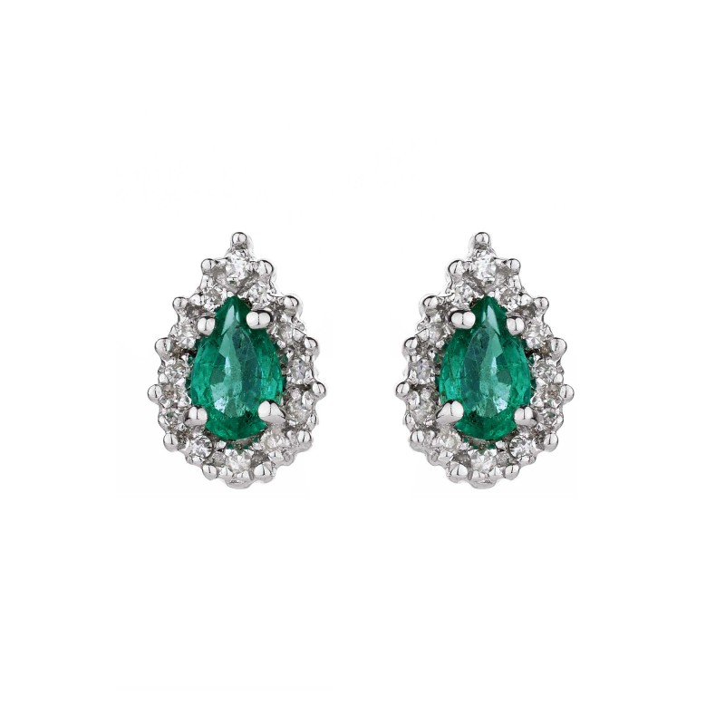 9ct White Gold Pear Cut Emerald 0.039ct Diamond Halo Earrings