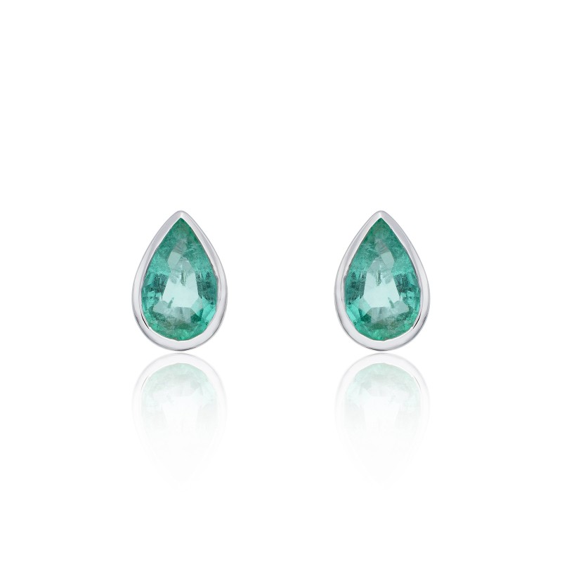 9ct White Gold Pear Cut Emerald Rub Over Earrings