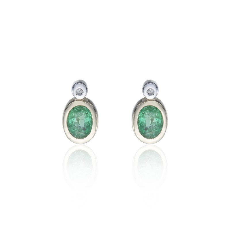 9ct Yellow Gold Diamond and 0.06ct Emerald Bezel Set Earrings