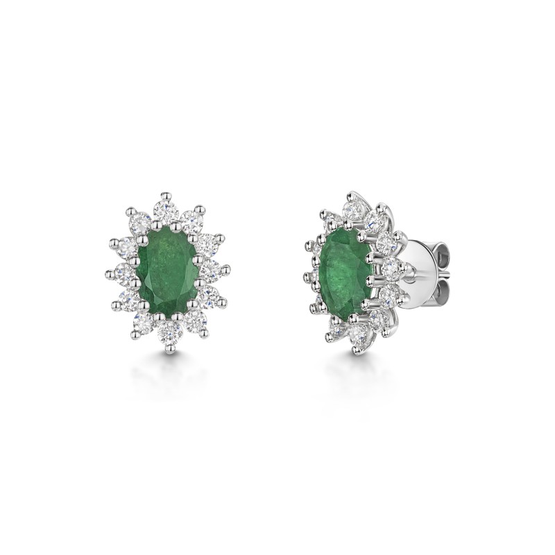 18ct White Gold Oval 0.84ct Emerald and 0.38ct Diamond Cluster Earrings