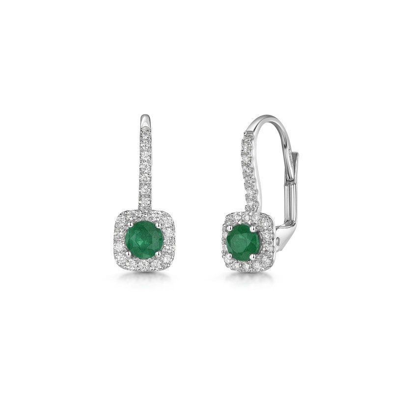 18ct White Gold Round Brilliant Emerald with Diamond Halo Drop Earrings 0.71ct