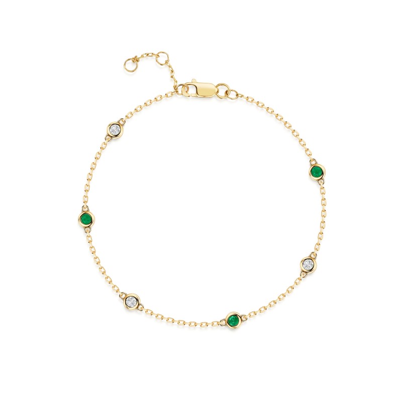 9ct Yellow Gold Round Brilliant 0.15ct Diamond & Emerald Bracelet