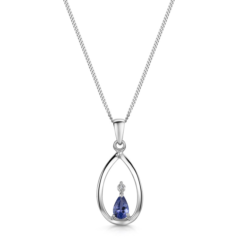 9ct White Gold Pear Cut 0.19ct Tanzanite and Diamond Open Pendant