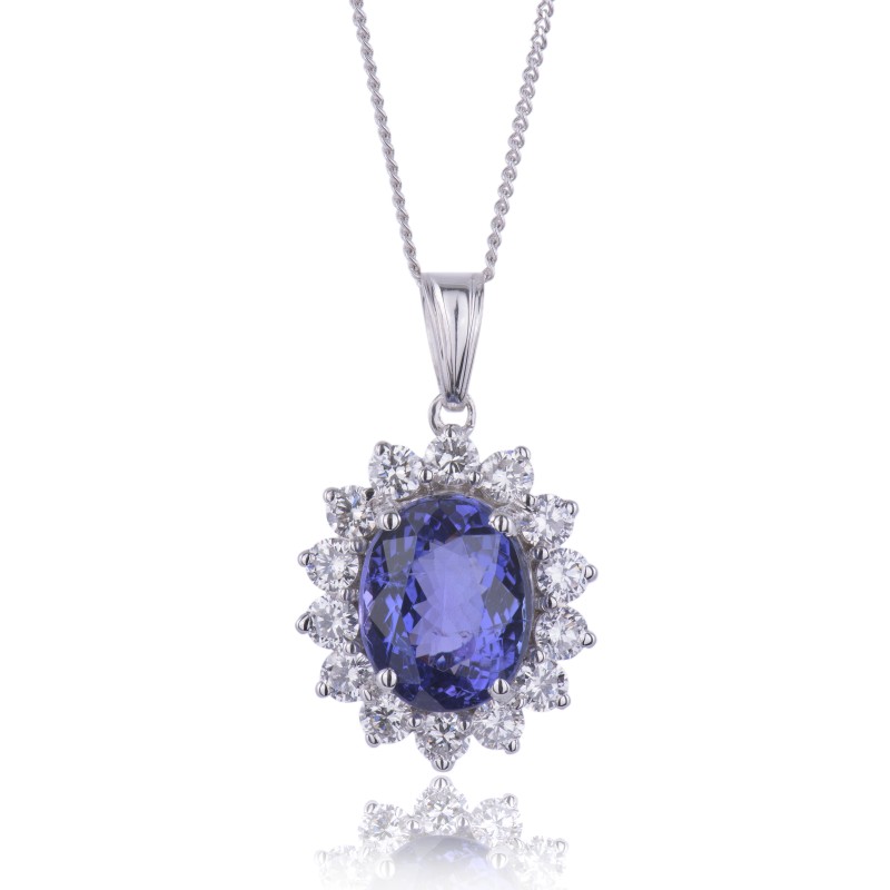 18ct White Gold 6.13ct Oval Cut Tanzanite and Diamond Pendant